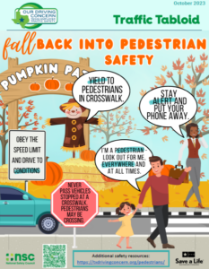 This is a Traffic Tabloid poster that carries a simple safety message: Fall Back into Pedestrian Safety.