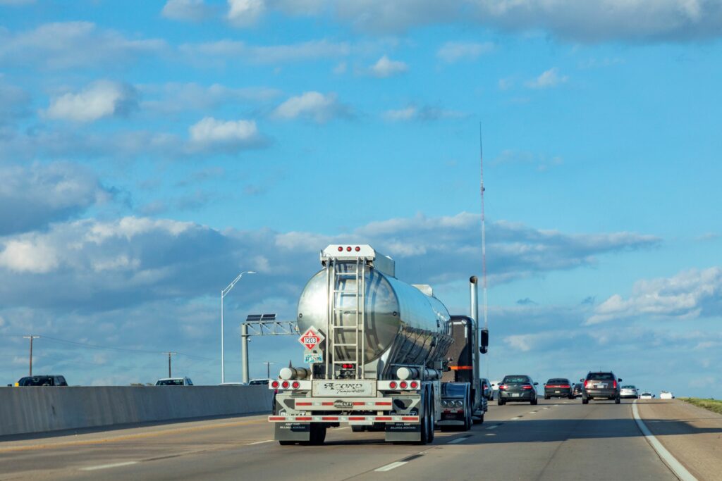 An oil tanker truck is pictured traveling northbound on I-35. through Texas.