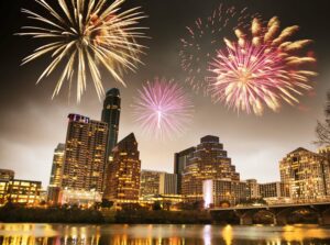 This is a photograph of a fireworks celebration in Austin, TX.