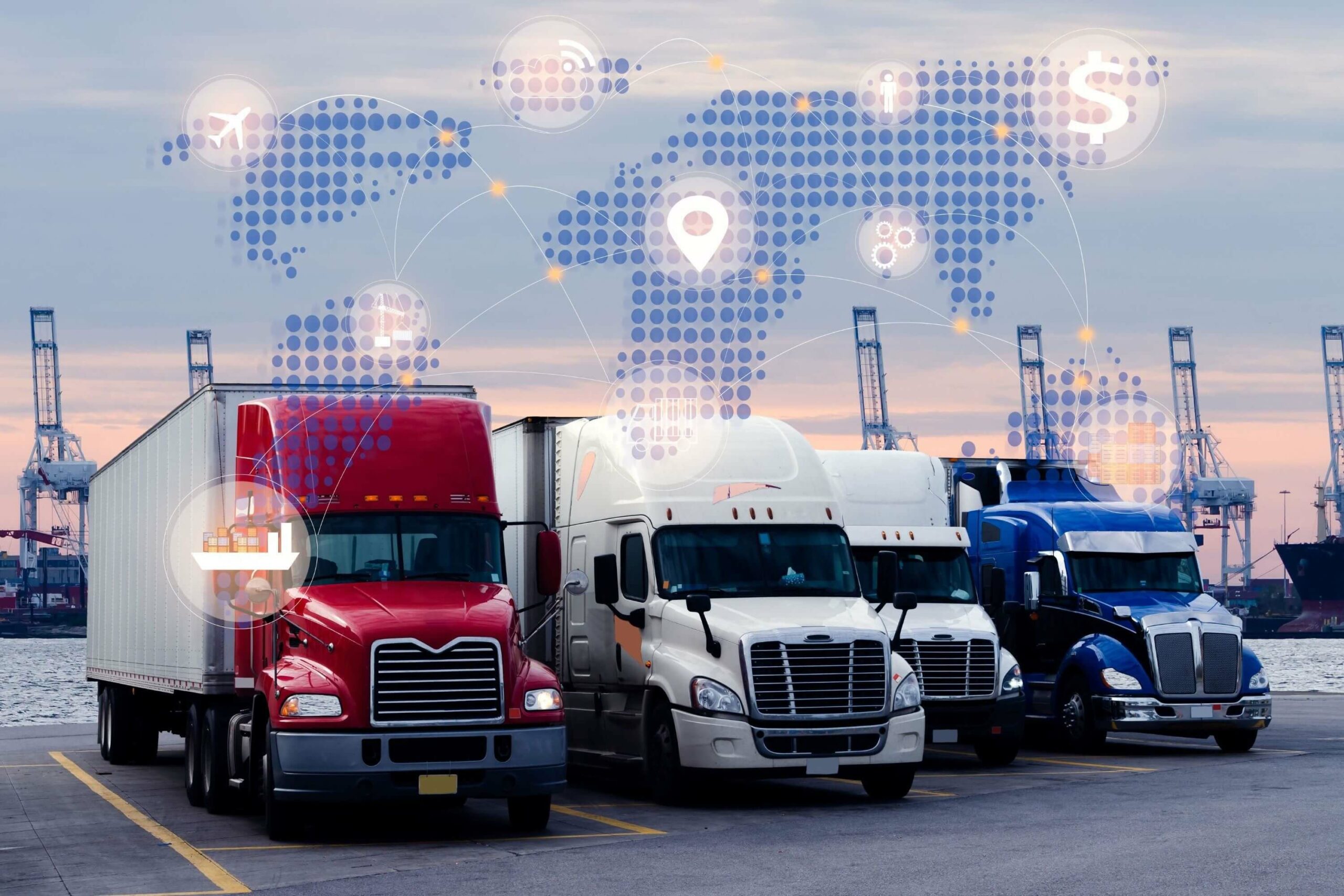 This is an illustration of trucks lined up at a loading dock, a map highlighting logistics technology hanging in the background.