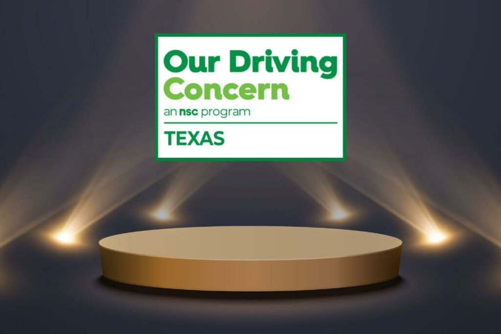 This is a graphic illustration of awards spotlights shining on the Our Driving Concern Texas Employer Traffic Safety program logo.