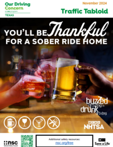 This is a safety graphic prepared by NHTSA promoting safety during the Thanksgiving holiday driving period. The hands of three people are pictured at the bar, clinking their glasses together. The message: You'll be thankful for a sober ride home.