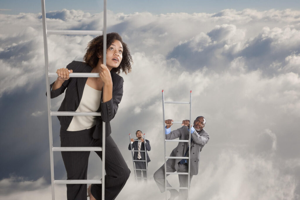 Three safety leaders are pictured in this illustration climbing ladders into the clouds.