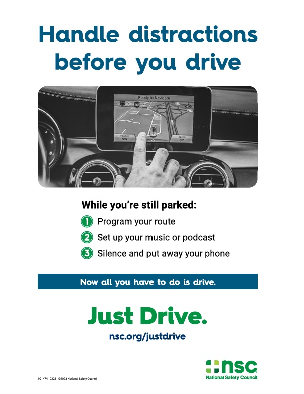 This is a thumbnail of the April 2026 traffic safety calendar and poster collection. The message: Handle distractions before you drive.