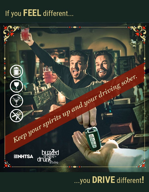 This is a thumbnail of the December 2026 traffic safety calendar and poster collection. The message: If you feel different, you drive different!