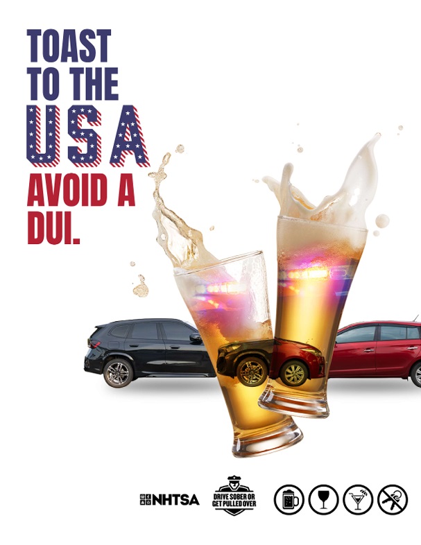 This is a thumbnail of the July 2026 traffic safety calendar and poster collection. The message: Toast to the USA! Avoid a DUI.