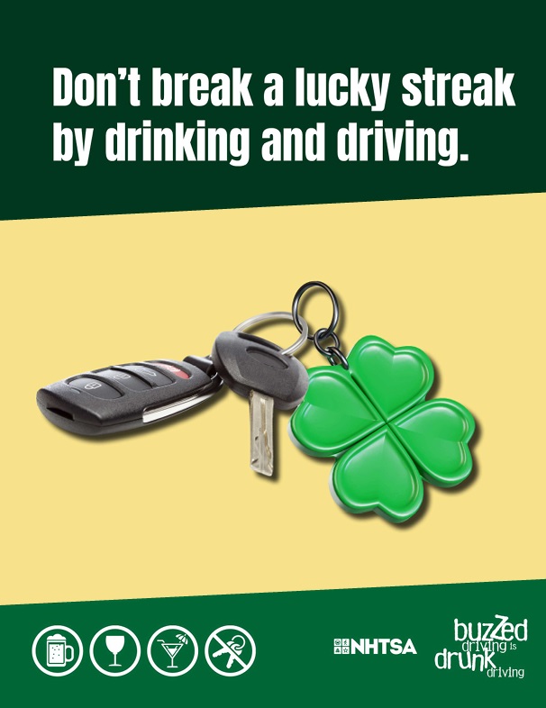 This is a thumbnail of the March 2026 traffic safety calendar and poster collection. The message: Don't break a lucky streak by drinking and driving.