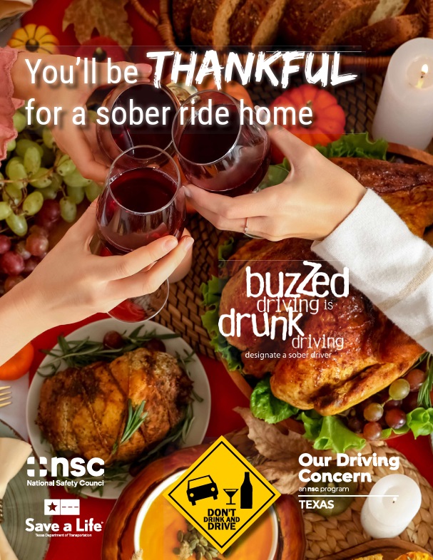 This is a thumbnail of the November 2026 traffic safety calendar and poster collection. The message: You'll be thankful for a sober ride home.