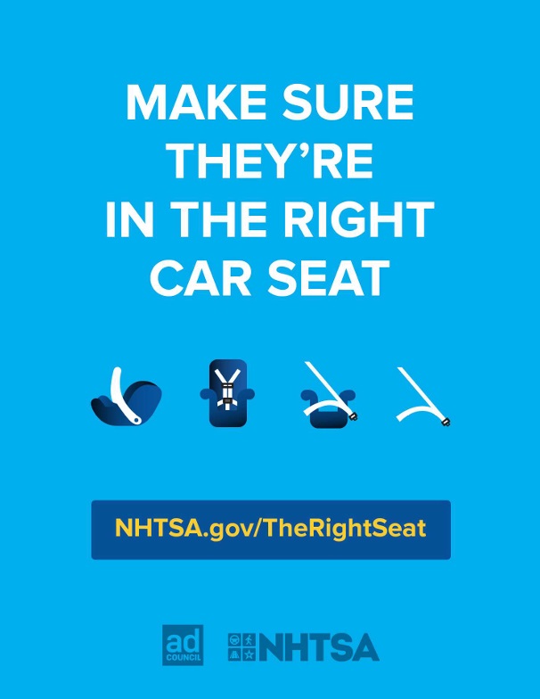 This is a thumbnail of the September 2026 traffic safety calendar and poster collection. The message: Make sure they're in the right car seat.