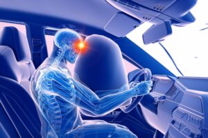 In this illustration, a crash dummy is thrown forward into an inflated airbag.