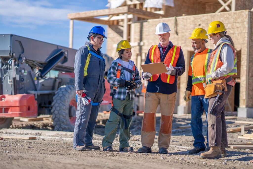 A group of construction site workers discuss plans on a jobsite before digging into their day.